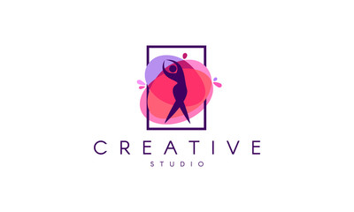 Dance logo. Dance studio logo design.  Fitness class banner background with symbol of abstract stylized gymnast girl in dancing pose. - 228495897