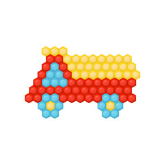 Flat vector icon of truck car made of multicolored children s mosaic. Game for toddlers. Development of logic and motor skills