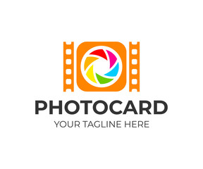 Obraz premium Camera with lens and film, logo design. Photography, photographer, photo and media studio, vector design and illustration
