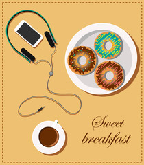 Stock Illustration Sweet breakfast with donuts on plate, cup of coffee and headphones with telephone
