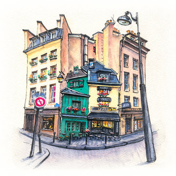Watercolor sketch of Typical parisain street with old houses, cafe and lanterns in Paris, France.