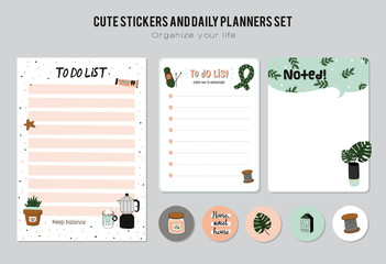 Set of planners and to do lists with simple scandinavian illustrations and trendy lettering. Template for agenda, planners, check lists, and other stationery. Isolated. Vector. White background