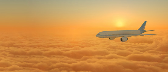 Fototapeta na wymiar Airplane flying above clouds during sunset. 3D Rendering