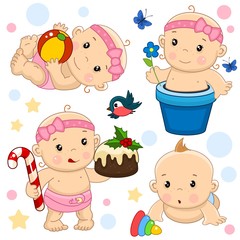 A set of illustrations of icons with a baby girl and boy, the boy plays the guitar, eats a watermelon instead of milk from a bottle, the girl sits with an apple and sings.
