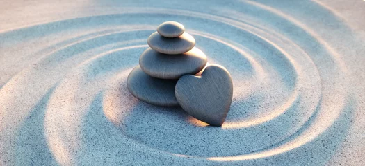 Afwasbaar Fotobehang Zen Toren van kiezelstenen met hartvormige kiezelstenen