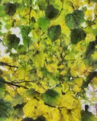 Hand drawing watercolor art on canvas. Artistic big print. Original modern painting. Acrylic dry brush background.  Wonderful green leaves landscape. Beautiful view. Charming resort.    