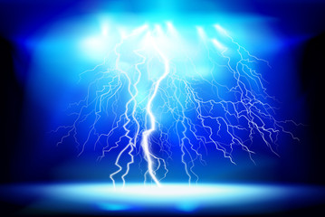 Thunderstorm, electric discharge. Light show at night. Vector illustration.