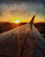 Hand drawing watercolor art on canvas. Artistic big print. Original modern painting. Acrylic dry brush background.  Wonderful landscape. Beautiful airplane view. Charming sunset. Travel time