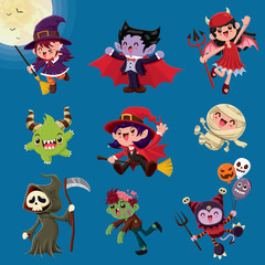 Vintage Halloween poster design with vector vampire, mummy, witch, zombie, bat, ghost, demon, Jack O Lantern, reaper, monster character.  