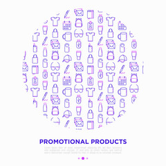 Promotional products concept in circle with thin line icons: notebook, tote bag, sunglasses, t-shirt, water bottle, pen, backpack, cup, hat, travel mug, usb. Vector illustration, print media template