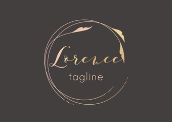 Premade golden logo design with minimalistic floral design. Feminine logotype template in elegant artistic style