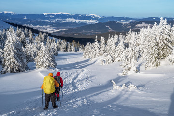 Winter hiking. Tourists are hiking in the snow-covered mountains.