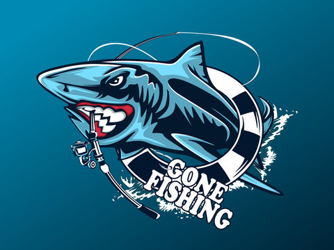 Toothy great white shark fishing logo. Strong shark sports mascot emblem. Angry fish vector background.
