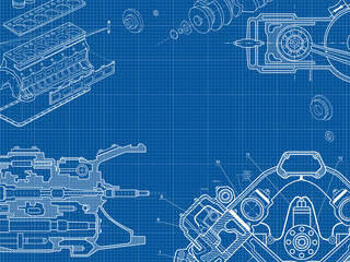 Technical blue background with drawings of details and mechanisms.Engine line drawing background. Vector illustration