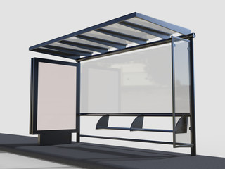 Blank white mock up of vertical light box in a bus stop. 3d render illustration.