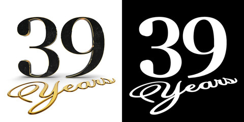 Golden number thirty nine (number 39) and the inscription years with drop shadow and alpha channel. 3D illustration