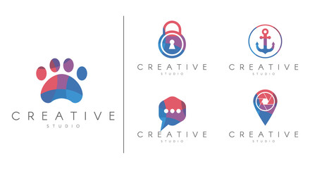 Multicolored Logotype set. Brand identity collection for sport, education , animals,  security, music, vector template.