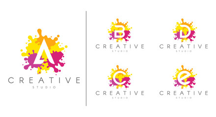Letter logo set.  Letter design for company name - A, B, C, D, E.  Set of letter at colorful paint splash background. - obrazy, fototapety, plakaty