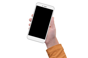 Boy hand holding white modern smartphone with blank screen, isolated on white background. Mockup