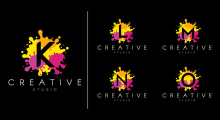 Letter logo set.  Letter design for company name - K, L, N, M, O.  Set of letter at colorful paint splash background.