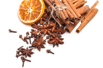 Cinnamon sticks and star anise isolated on white background
