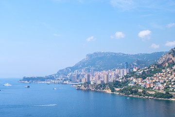 Naklejka na ściany i meble Mediterranean Sea and Monaco city at daylight