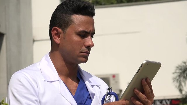 Serious Hispanic Male Doctor Using Tablet