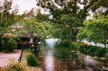 Fototapeta na wymiar Clear natural stream with cottage and vintage old water turbine, beautiful garden of Daio Wasabi Farm - Hotaka - Nagano, Japan