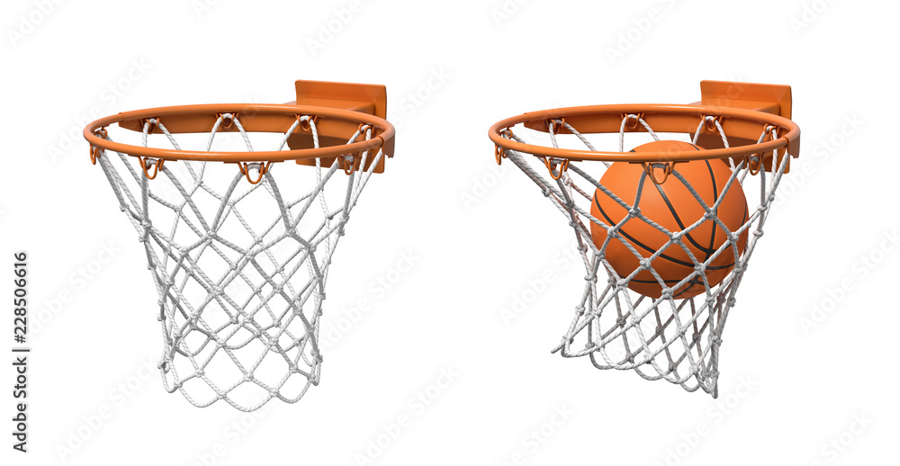 Poster 3d rendering of two basketball nets with orange hoops, one empty and one with a ball falling inside.