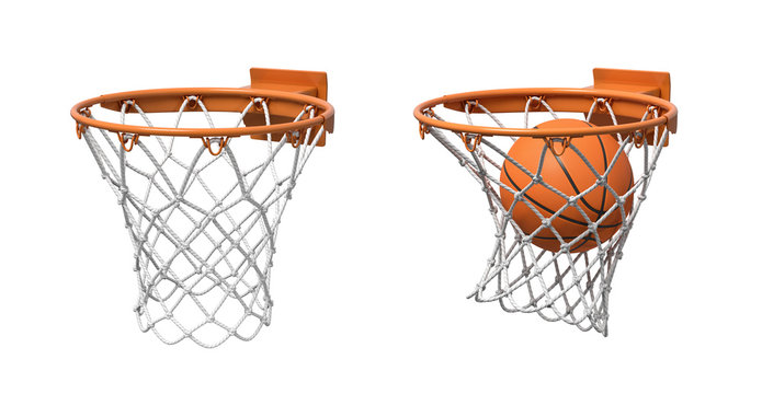 3d rendering of two basketball nets with orange hoops, one empty and one with a ball falling inside.