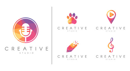 Polygonal Logotype set. Brand identity collection for music, education , animals,  technology, vector template.