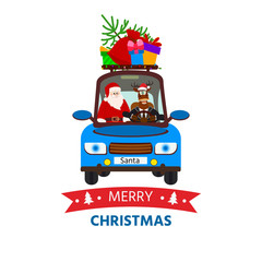 Santa with his reindeer driving a car through. Modern Typography design for decoration Christmas card poster template Holiday Greeting invitation.