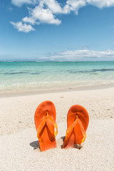 pair of orange flip-flops in the sand of a tropical beach