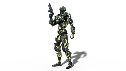 Army robot, armed forces cyborg, military android soldier armed with gun isolated on white background, 3D rendering