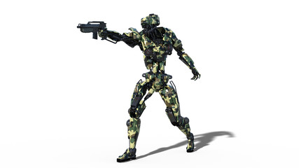 Army robot, armed forces cyborg, military android soldier aiming and shooting gun on white background, 3D rendering