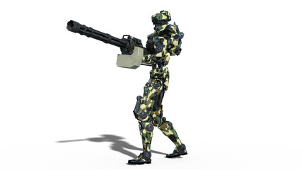 Army robot, armed forces cyborg, military android soldier shooting machine gun isolated on white background, 3D rendering