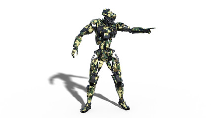Army robot, armed forces cyborg pointing, military android soldier isolated on white background, 3D rendering