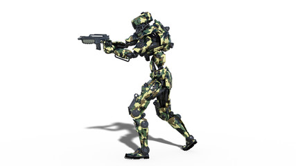 Fototapeta na wymiar Army robot, armed forces cyborg, military android soldier shooting gun isolated on white background, 3D rendering
