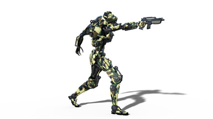 Army robot, armed forces cyborg, military android soldier shooting gun on white background, 3D rendering