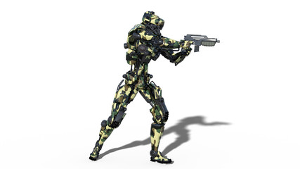 Army robot, armed forces cyborg, military android soldier shooting gun on white background, side view, 3D rendering