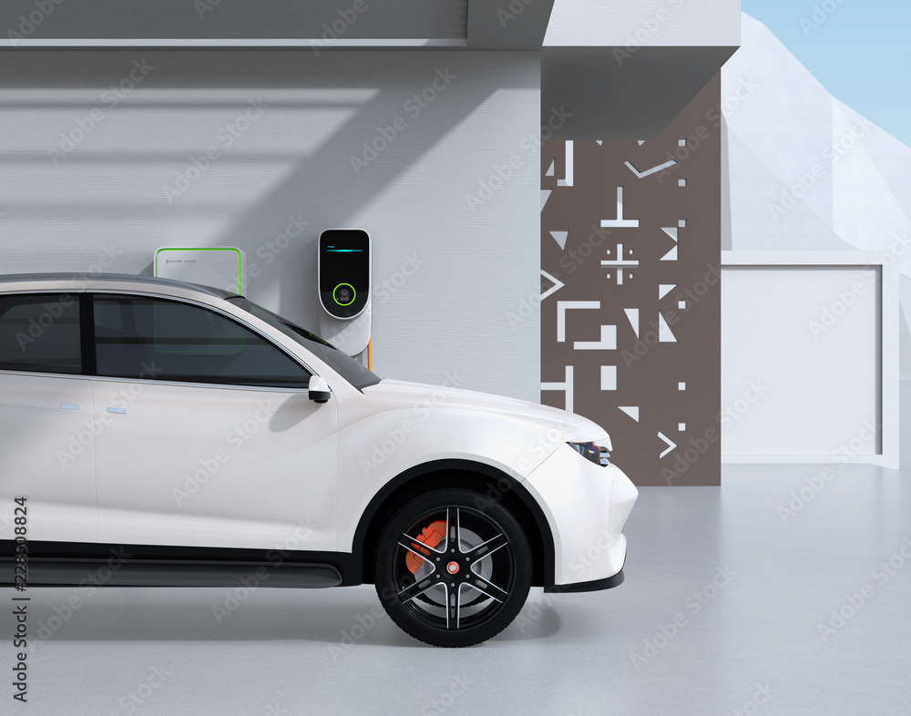 Poster side view of white electric powered suv recharging in garage. 3d rendering image.