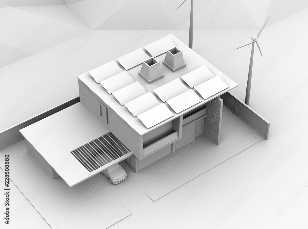 Poster clay rendering of electric vehicle recharging in garage. the smart home powered by solar panels and 