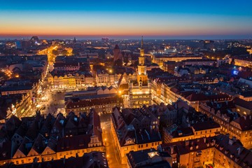 Evening aerial view on Poznan main square and old town.