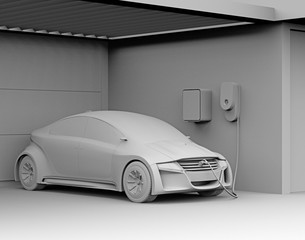 Clay rendering of electric vehicle recharging in garage. 3D rendering image.