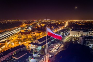 Evening aerial view on Polish flag in Poznań
