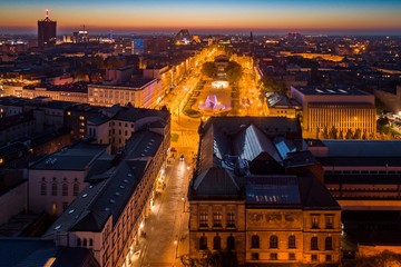 Evening aerial view on Poznan Freedom Square