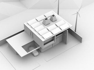 Fototapeta na wymiar Clay rendering of electric vehicle recharging in garage. The smart home powered by solar panels and wind turbine. 3D rendering image.