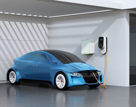 Blue Electric vehicle recharging in garage. 3D rendering image.