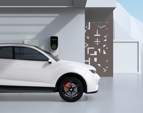 Side view of white electric powered SUV recharging in garage. 3D rendering image.
