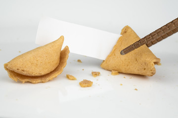 CRACKED FORTUNE COOKIE WITH WHITE BLANK SLIP PAPER FOR ADD TEXT OR MESSAGE